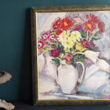 Vintage French oil painting of flowers, signed Renée