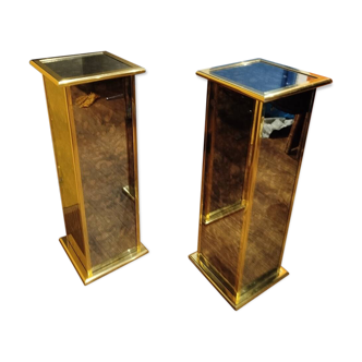 Paire de colonnes / piédestaux vintage – verre miroir fumé bronze & mé