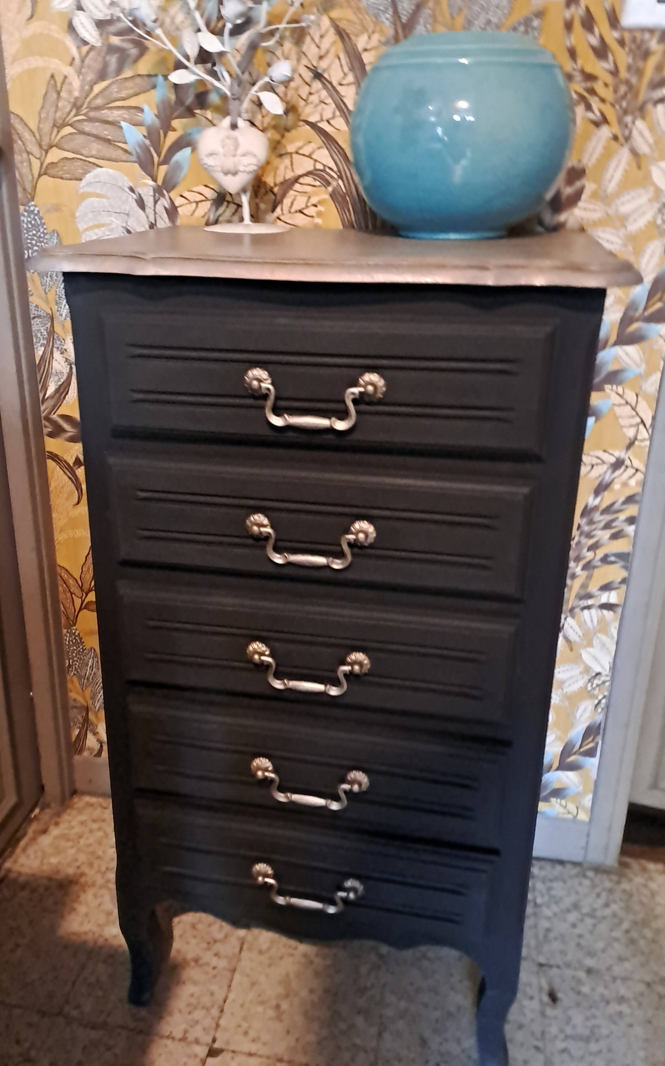 Black and grey painted wooden chest of drawers from France 1950 with 5 drawers