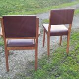 Pair chair/armchair wood and burgundy skaï, 50s