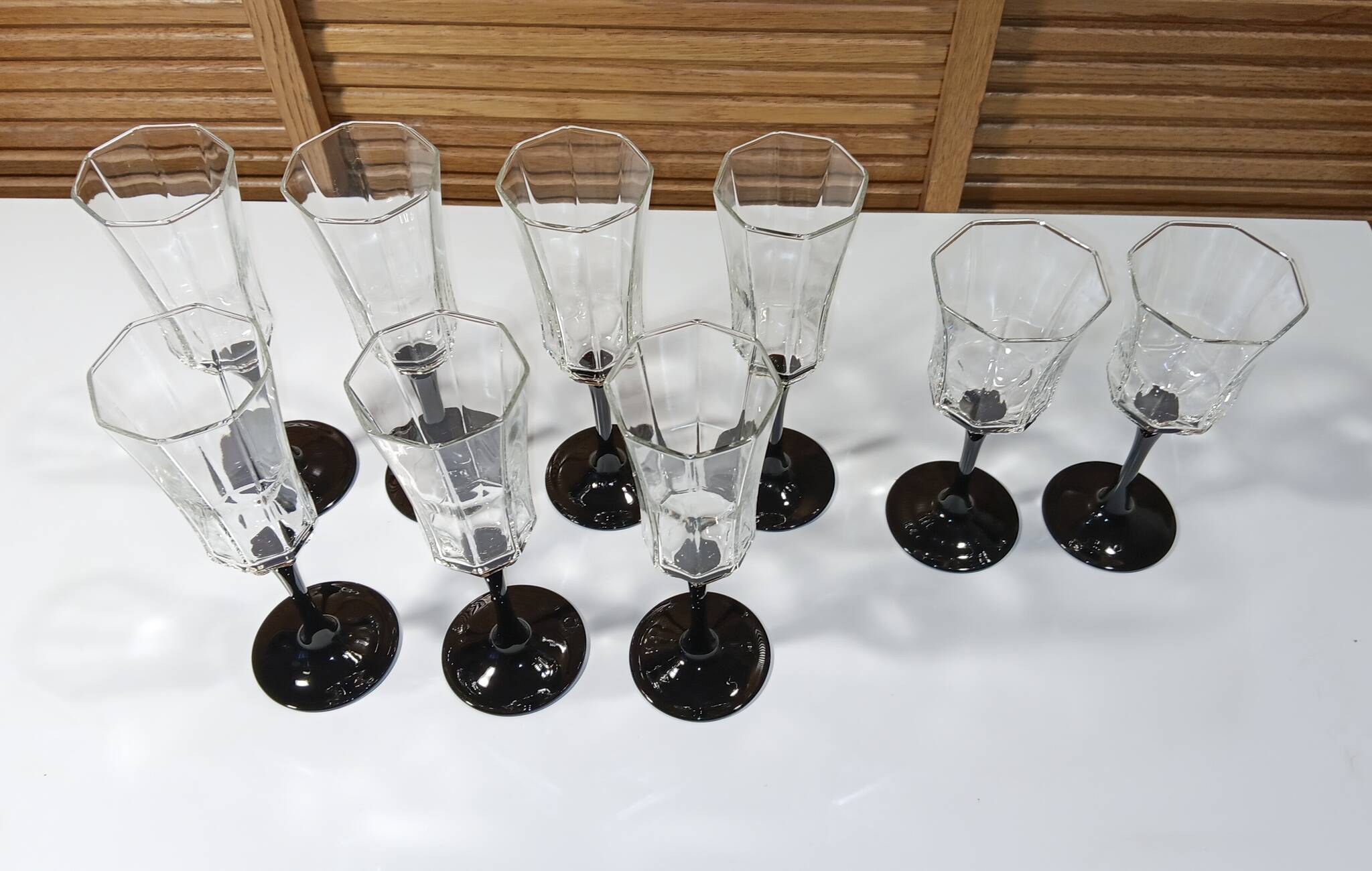 7 flutes and 2 octagonal-shaped wine glasses, Arcoroc Luminarc France