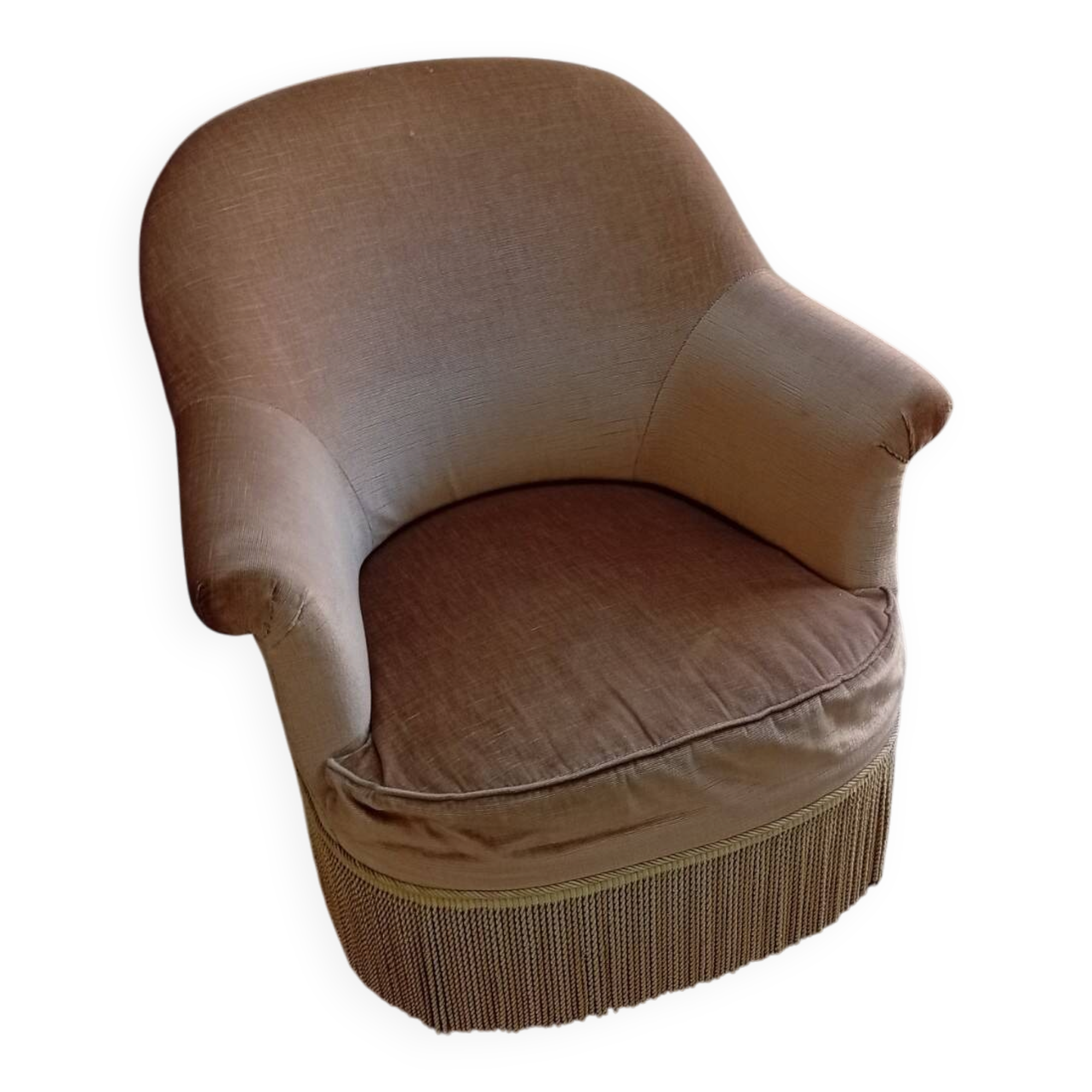 Beige velvet crapaud armchair with fringes in contemporary style from 1950-80.
