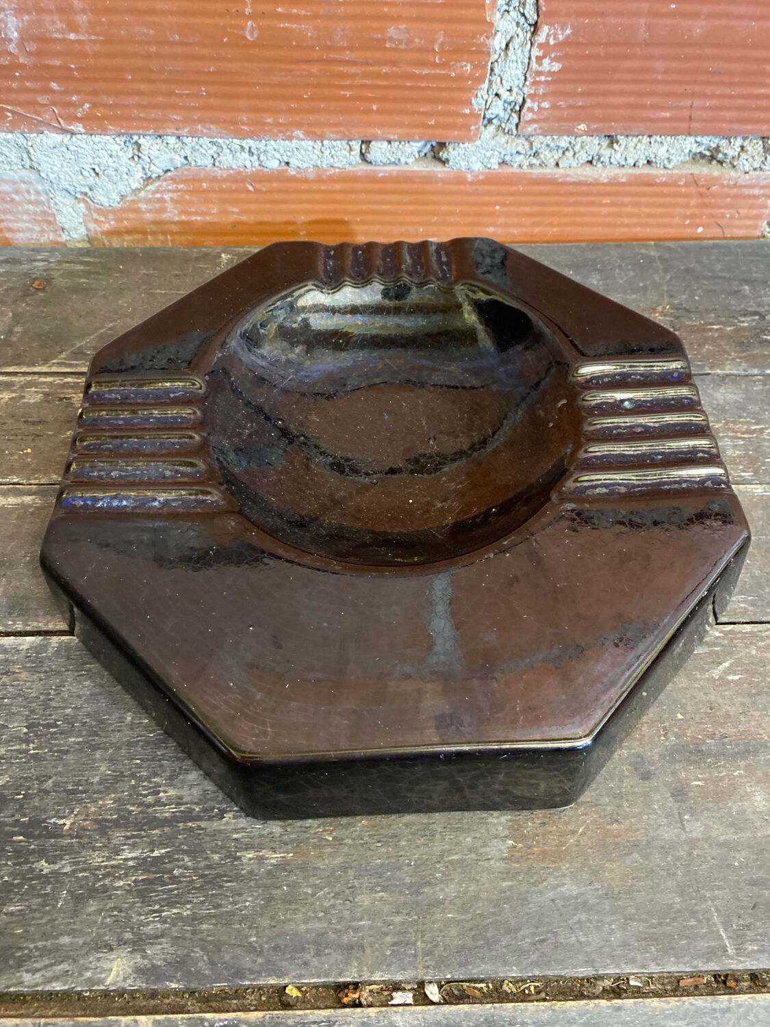 Vintage Black Cracked Ceramic Octagonal Ashtray S. BESSY