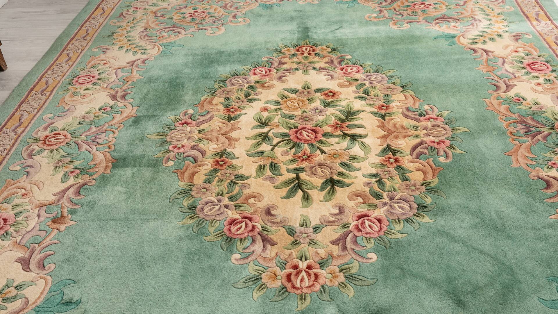 French Green Wool and Floral Rug in the style of Aubusson, 20th Century