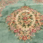 French Green Wool and Floral Rug in the style of Aubusson, 20th Century