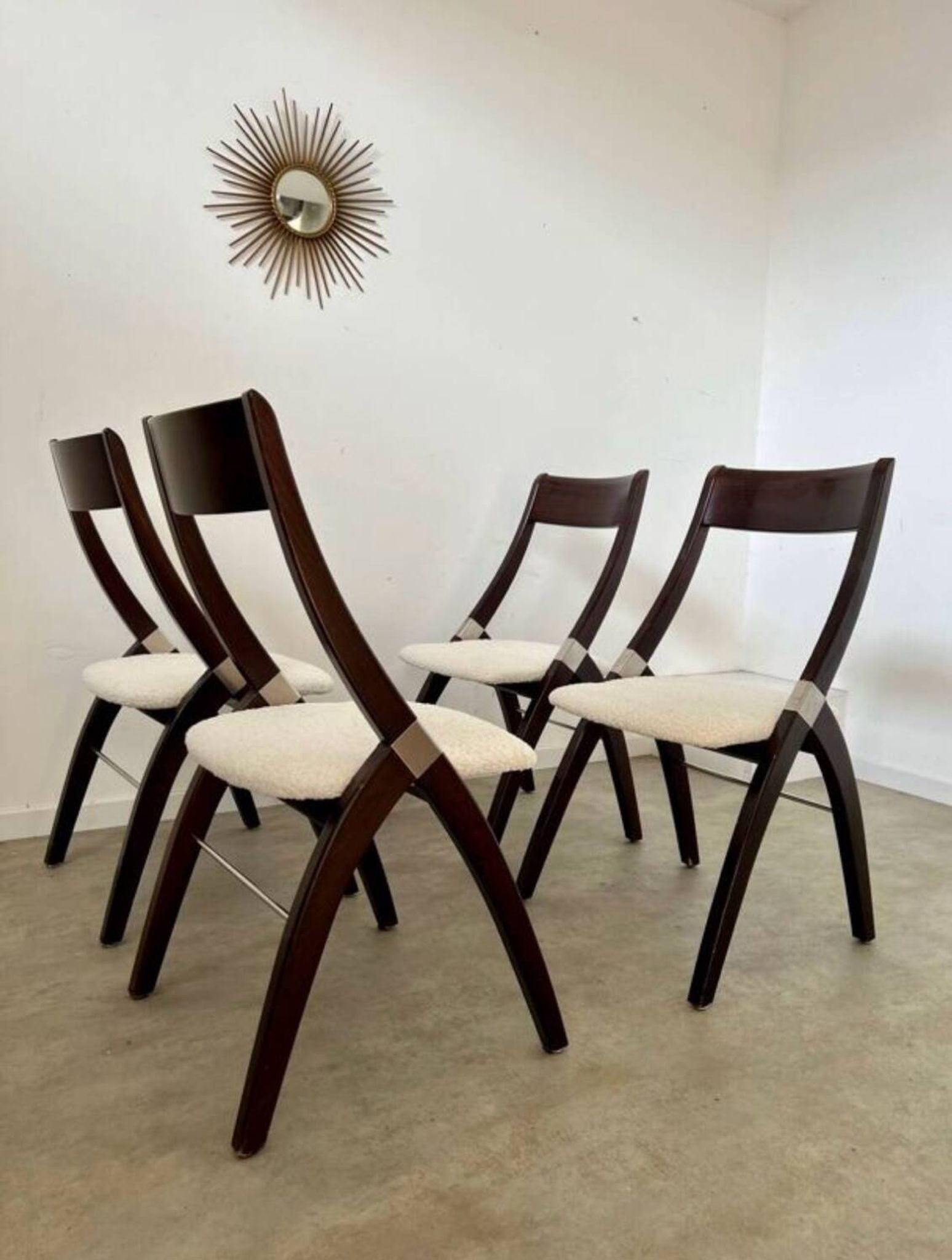 Set of 4 vintage 70s Italian design wooden and terry chairs