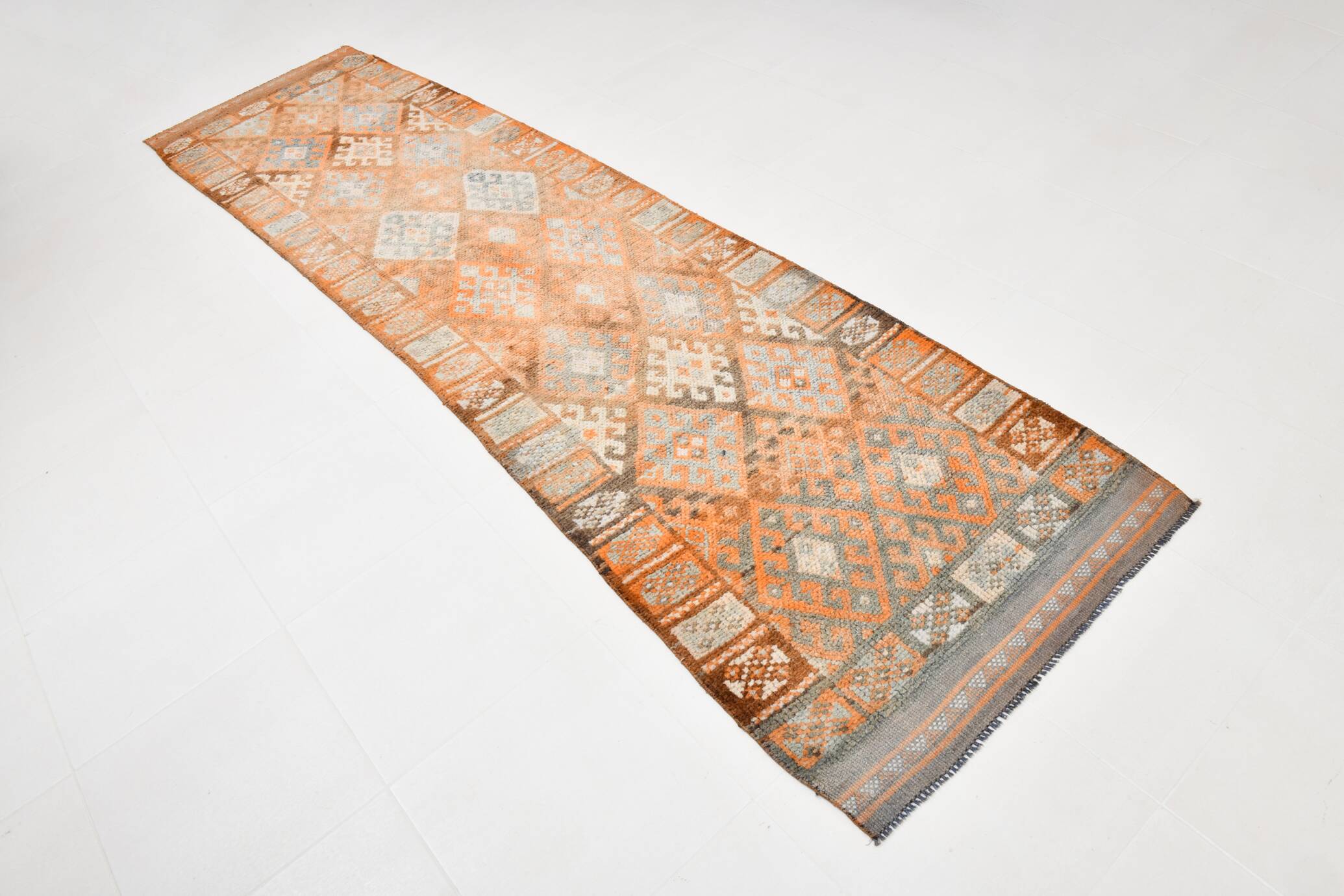 3x11 Orange Brown Tribal Turkish Vintage Runner Rug, 88x330Cm