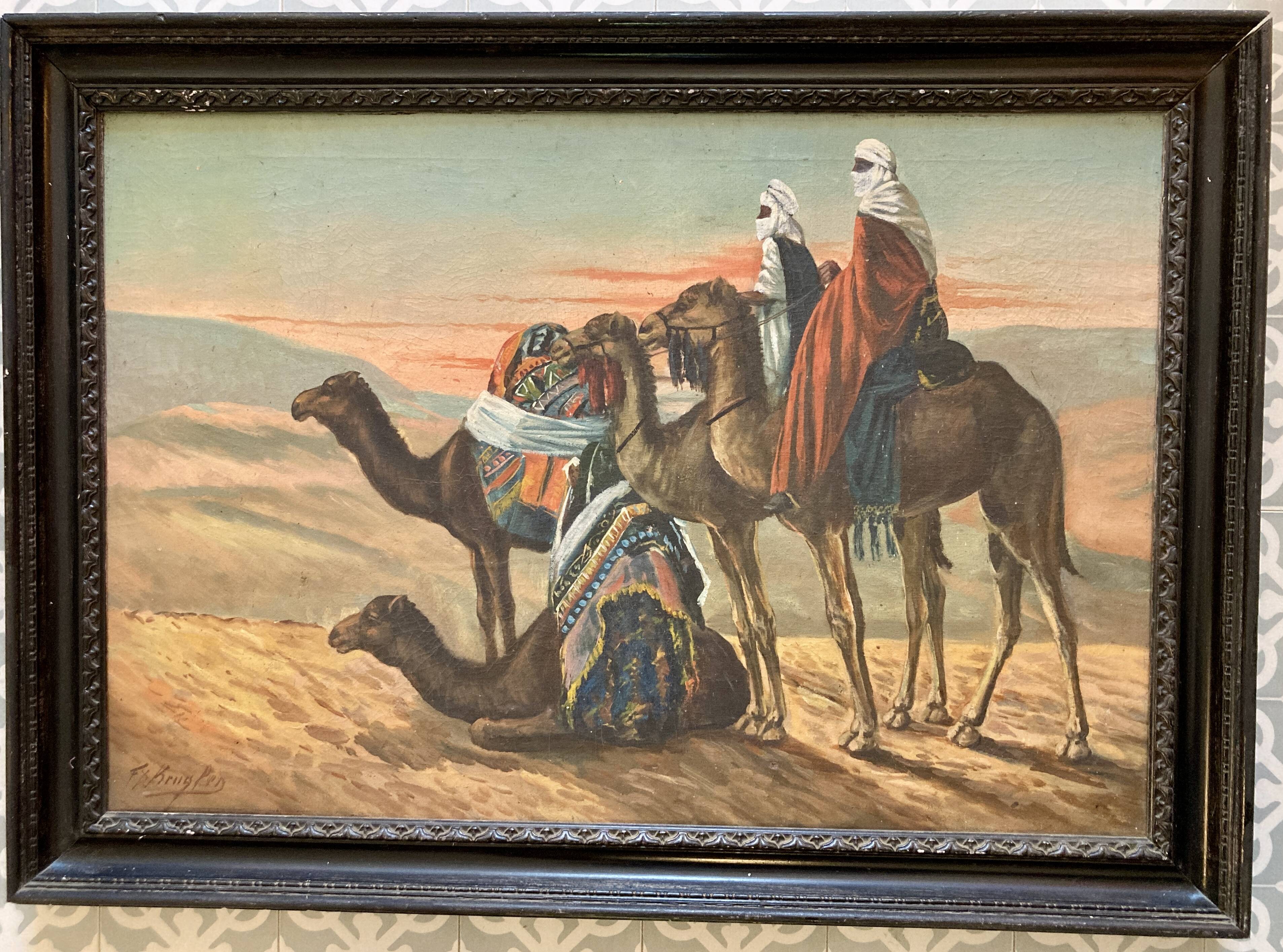 Grand Orientalist painting - the dromedaries and the Bedouins in the desert.