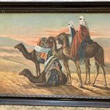Grand Orientalist painting - the dromedaries and the Bedouins in the desert.