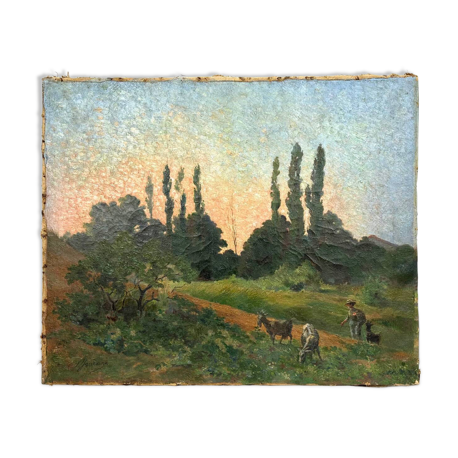 Large oil on canvas "Country Scene", signed L. Jouenne