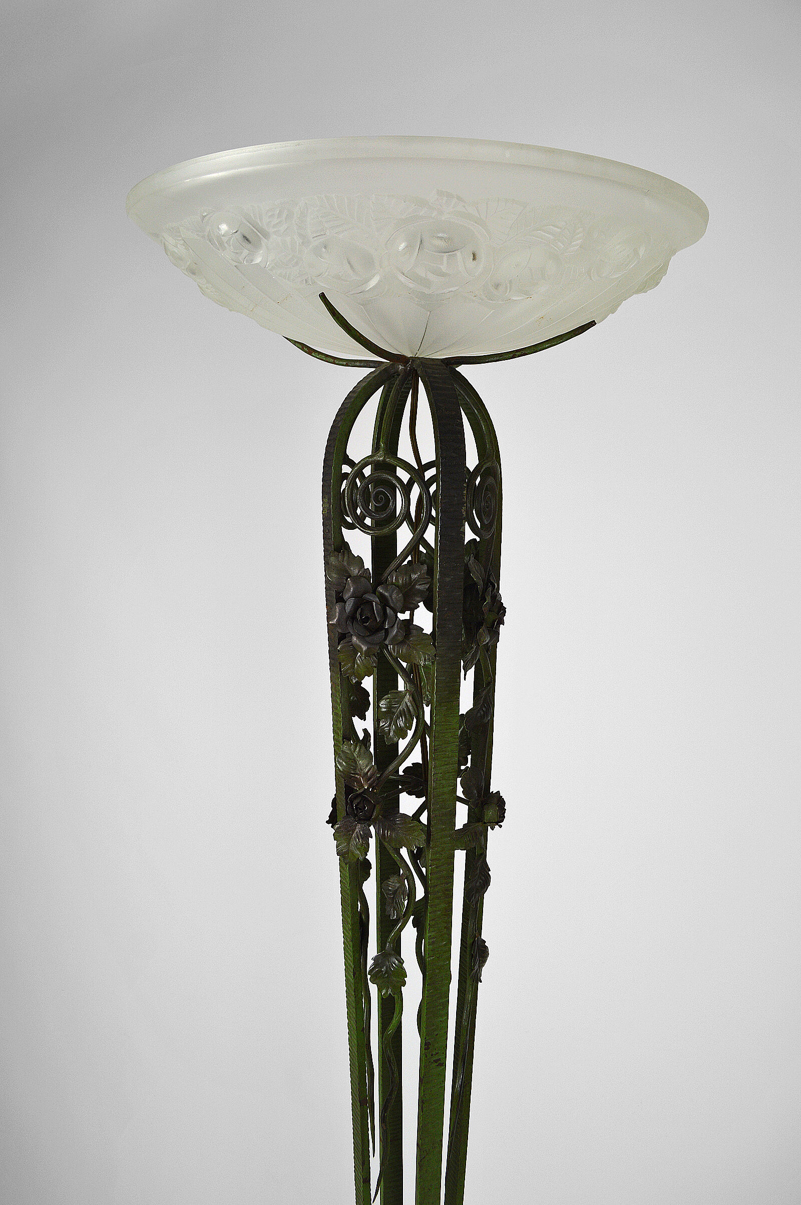 Art Deco floor lamp with wrought iron roses and green patina