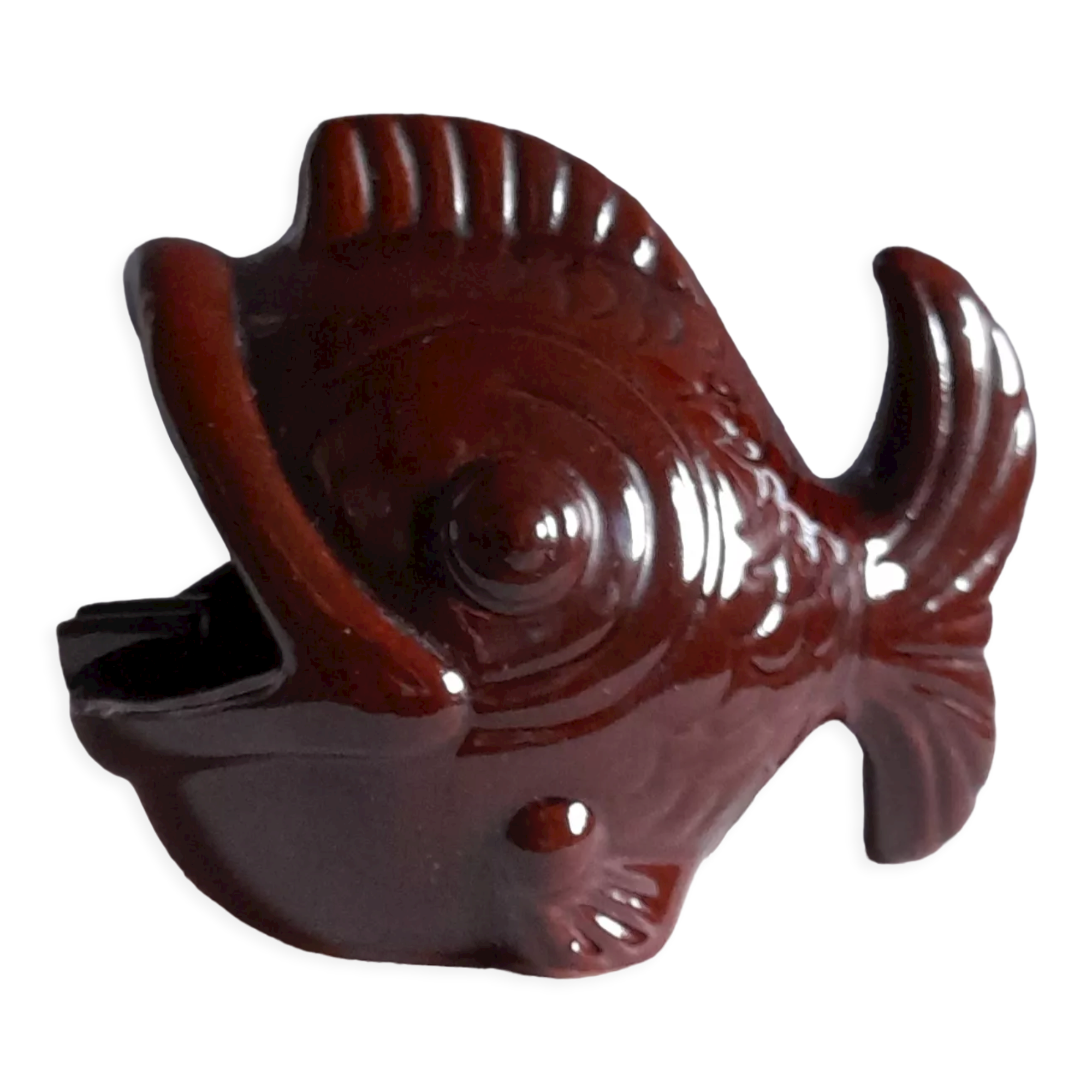 Cendrier poisson, céramique émaillée marron, art deco des années 40-50