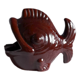 Cendrier poisson, céramique émaillée marron, art deco des années 40-50