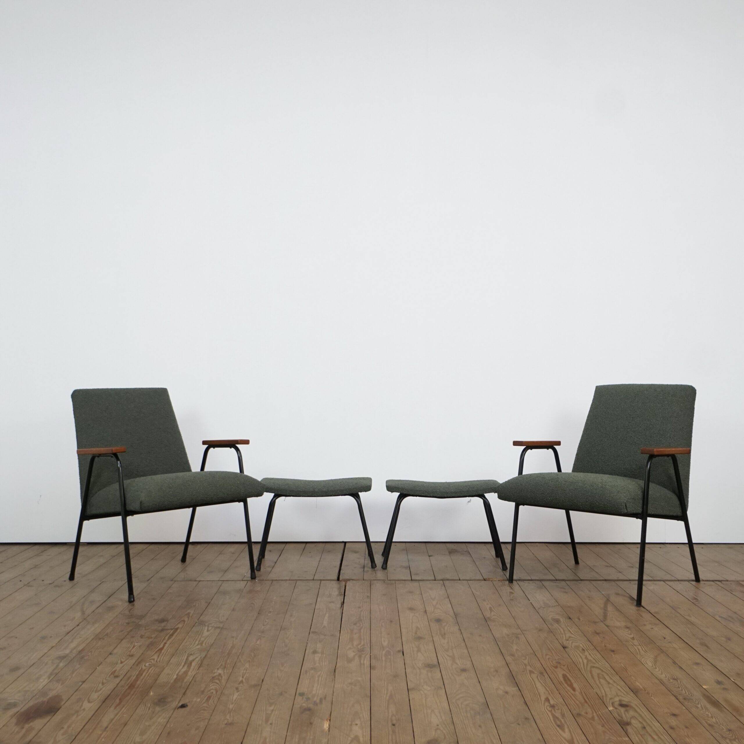 Two sets of lounge chairs with ottoman by Pierre Guariche for Meurop