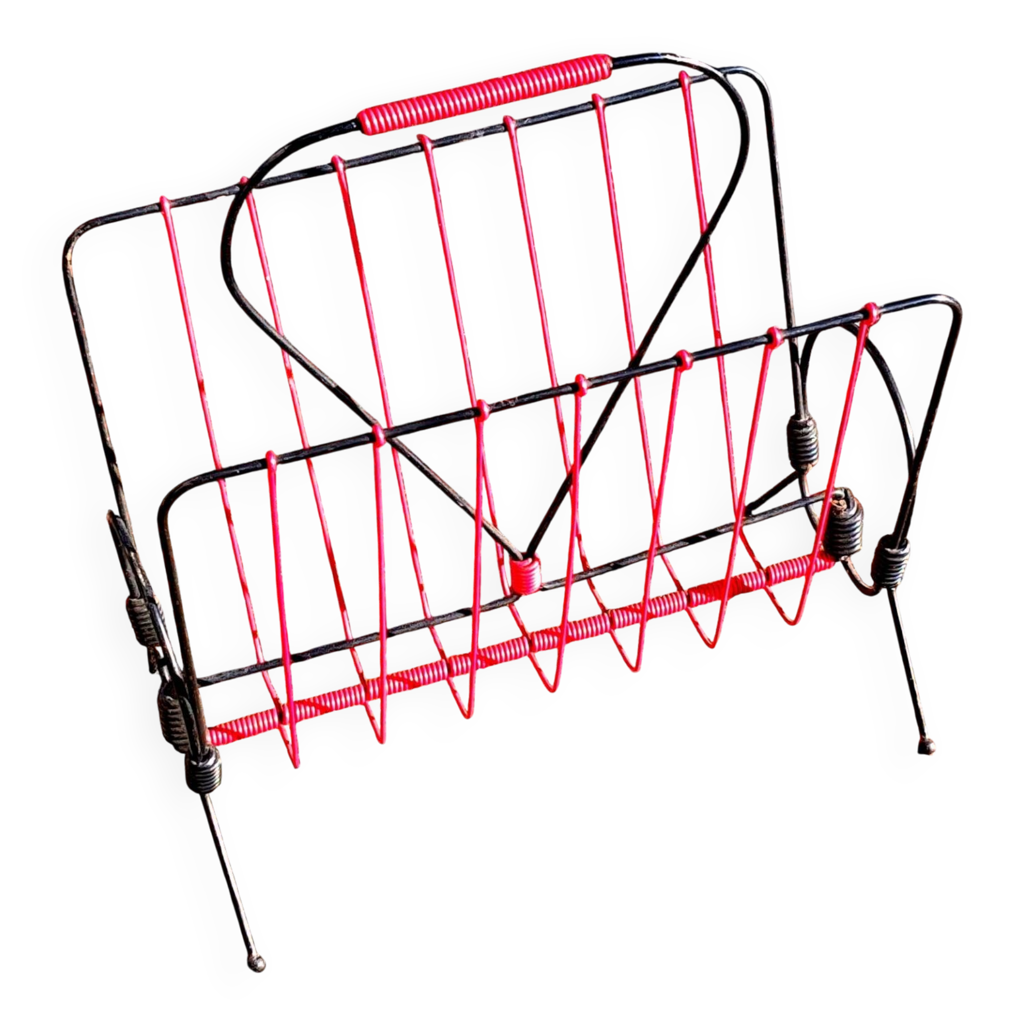 Vintage metal magazine rack and scoubidou - seventies design