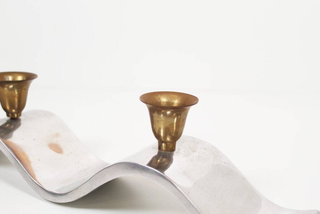 Brutalist 1990s 'Wave' aluminium and brass candelabra