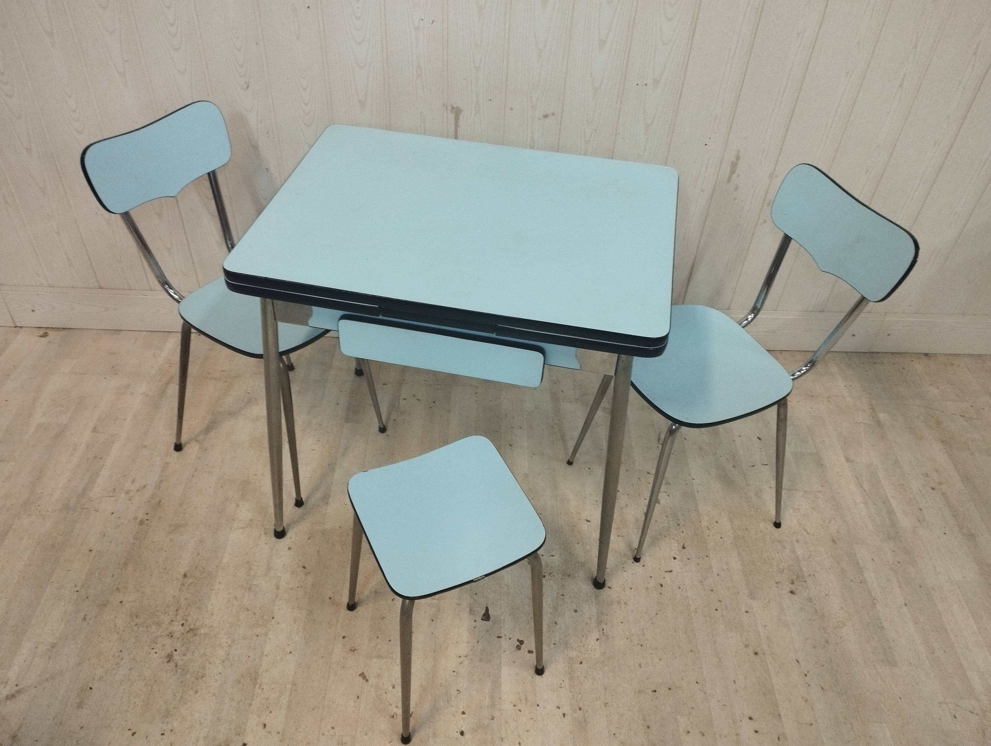Blue formica table 2 chairs 1 mdj stool