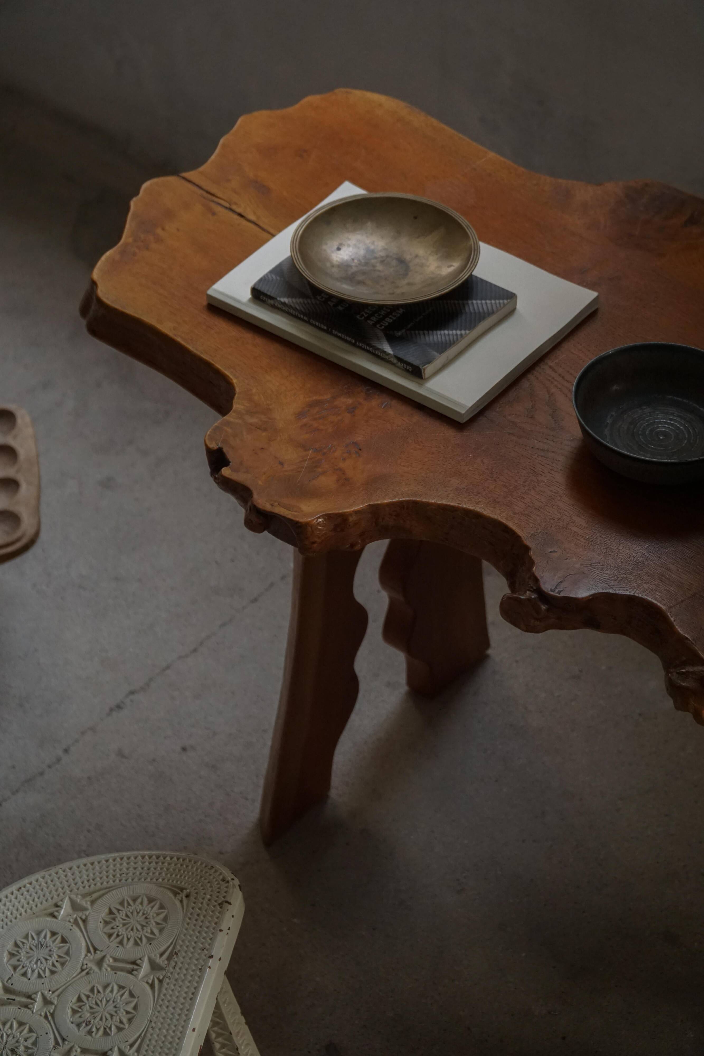 Mid-century Scandinavian coffee table made of solid elm wood, wabi-sabi style, 1960s.