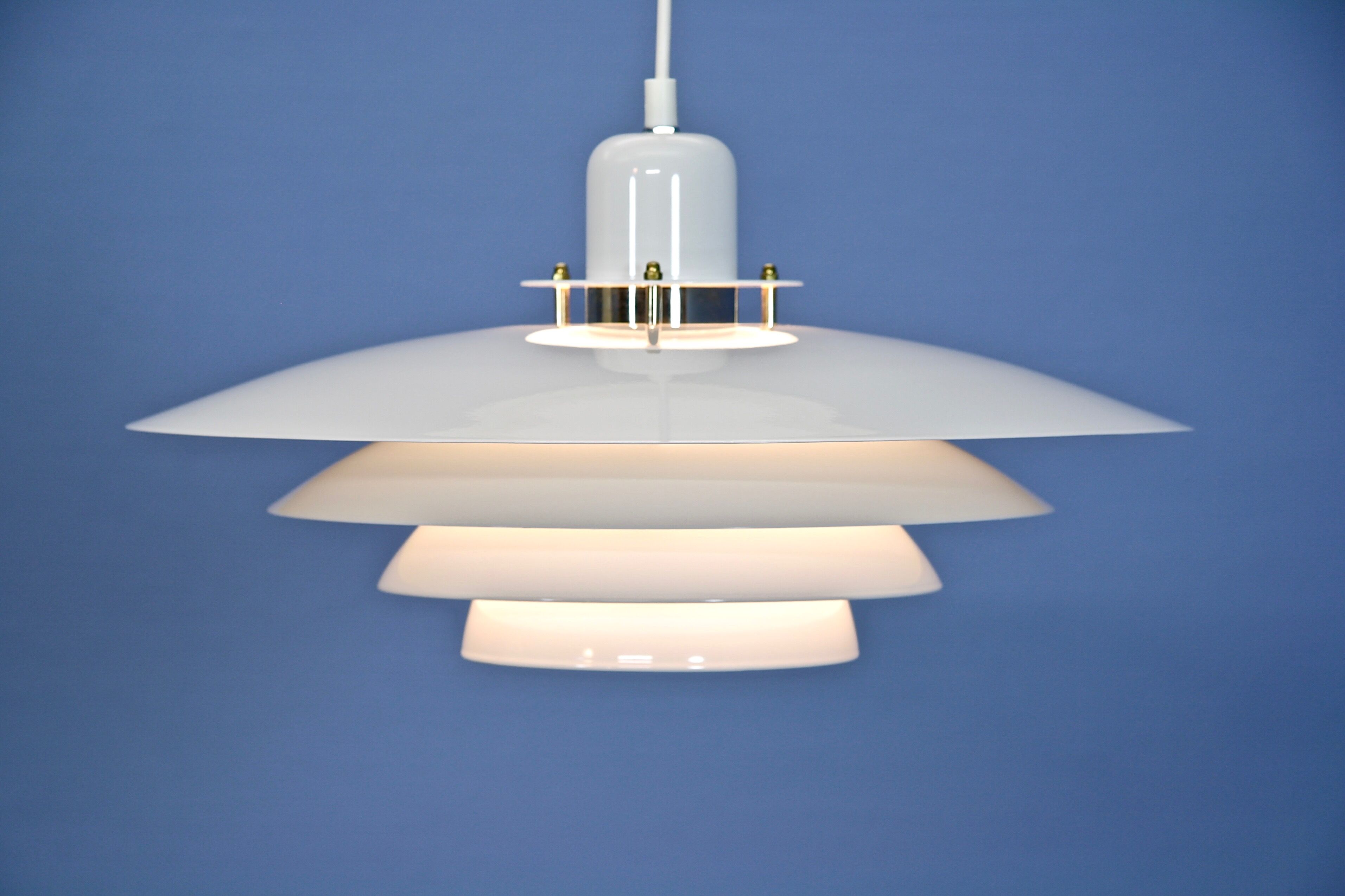 Danish hanging lamp in white with brass accent, 1980s
