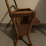 Vintage rattan magazine rack with side shelf - Bohemian style