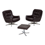 1970s, set of two swivel lounge chairs with footstool, leather.