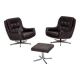 1970s, set of two swivel lounge chairs with footstool, leather.