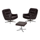 1970s, set of two swivel lounge chairs with footstool, leather.