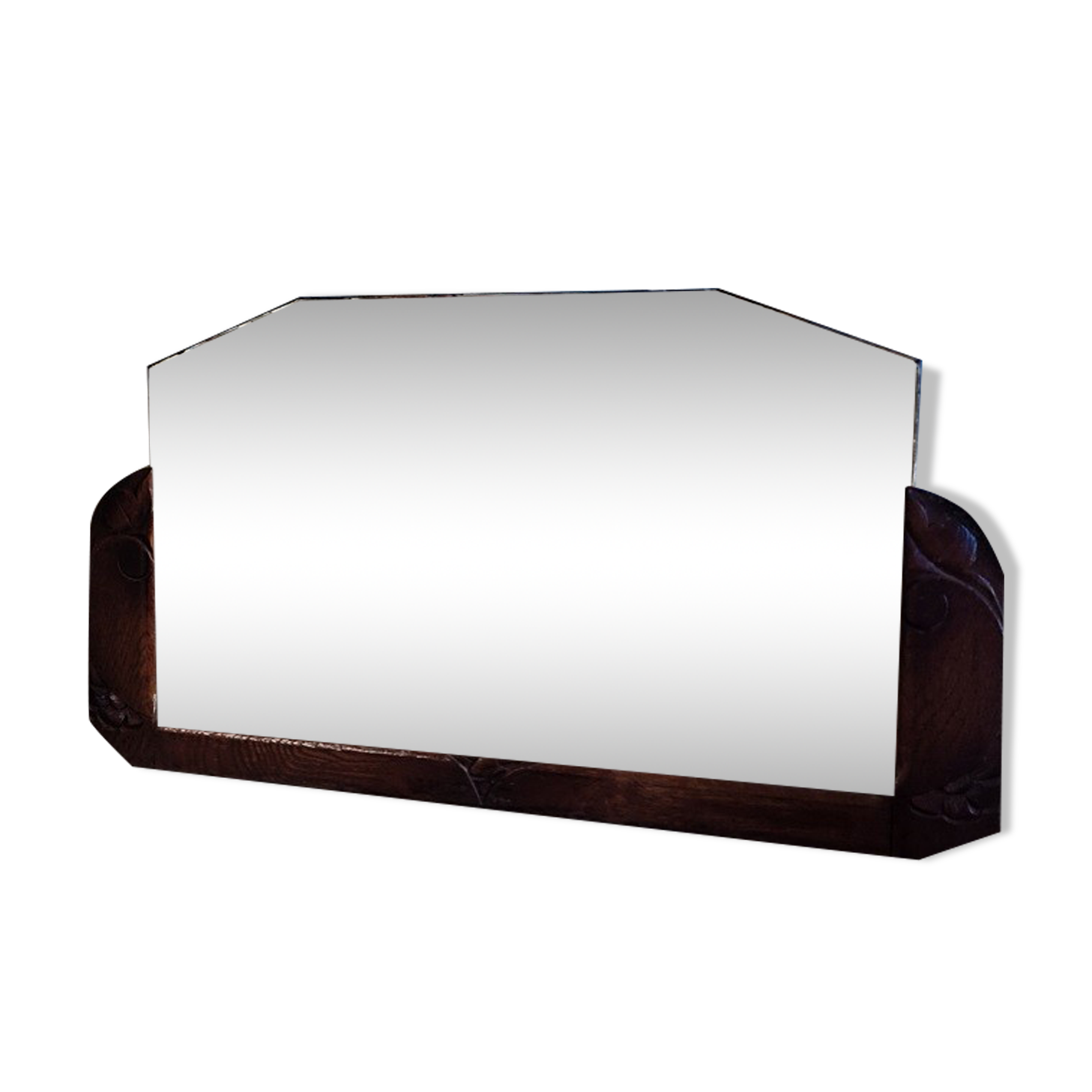 Old art deco beveled mirror vintage carved wood base 39x63cm