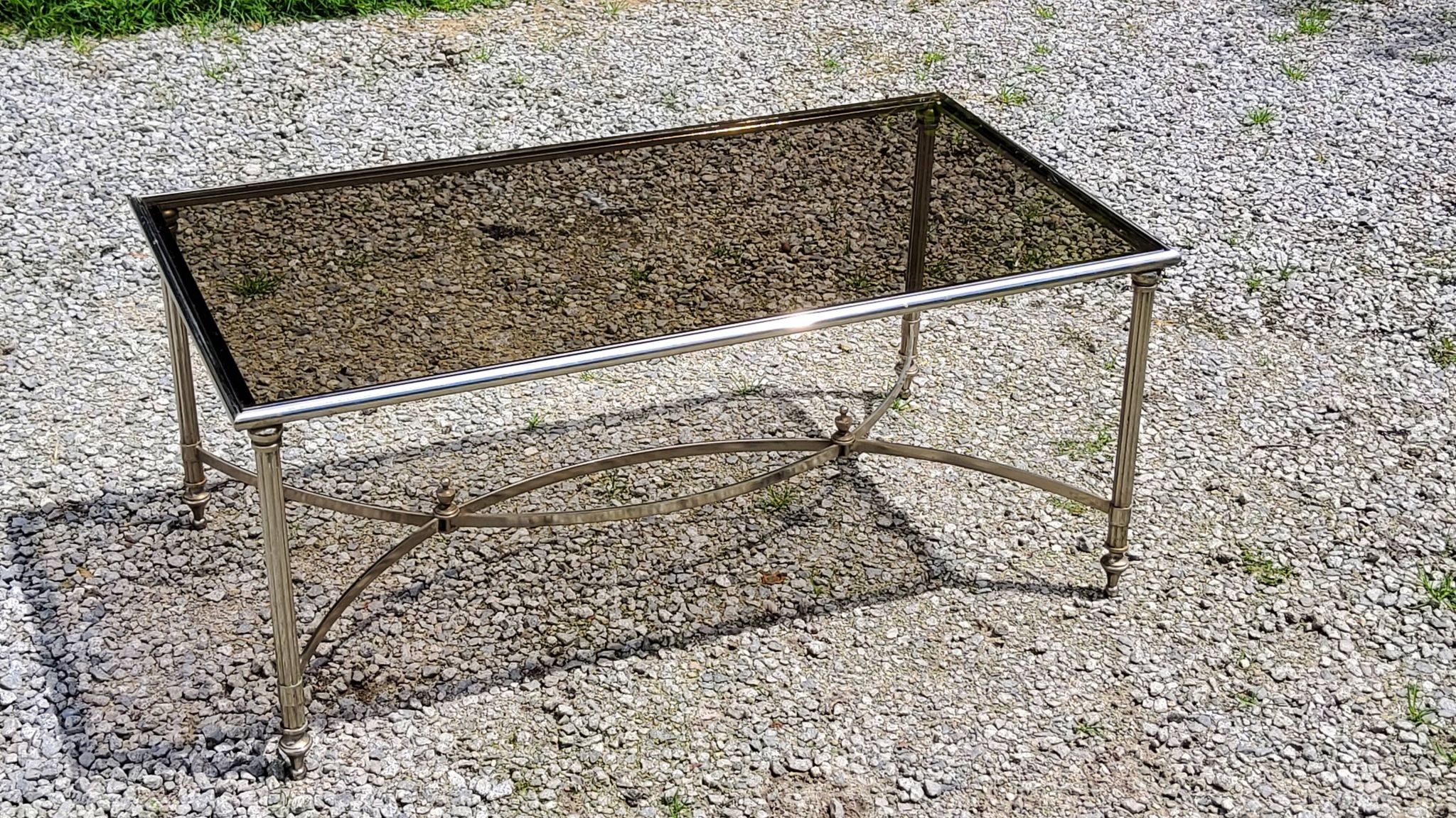 Chrome metal coffee table with smoked glass top in neoclassical style, 1970s.