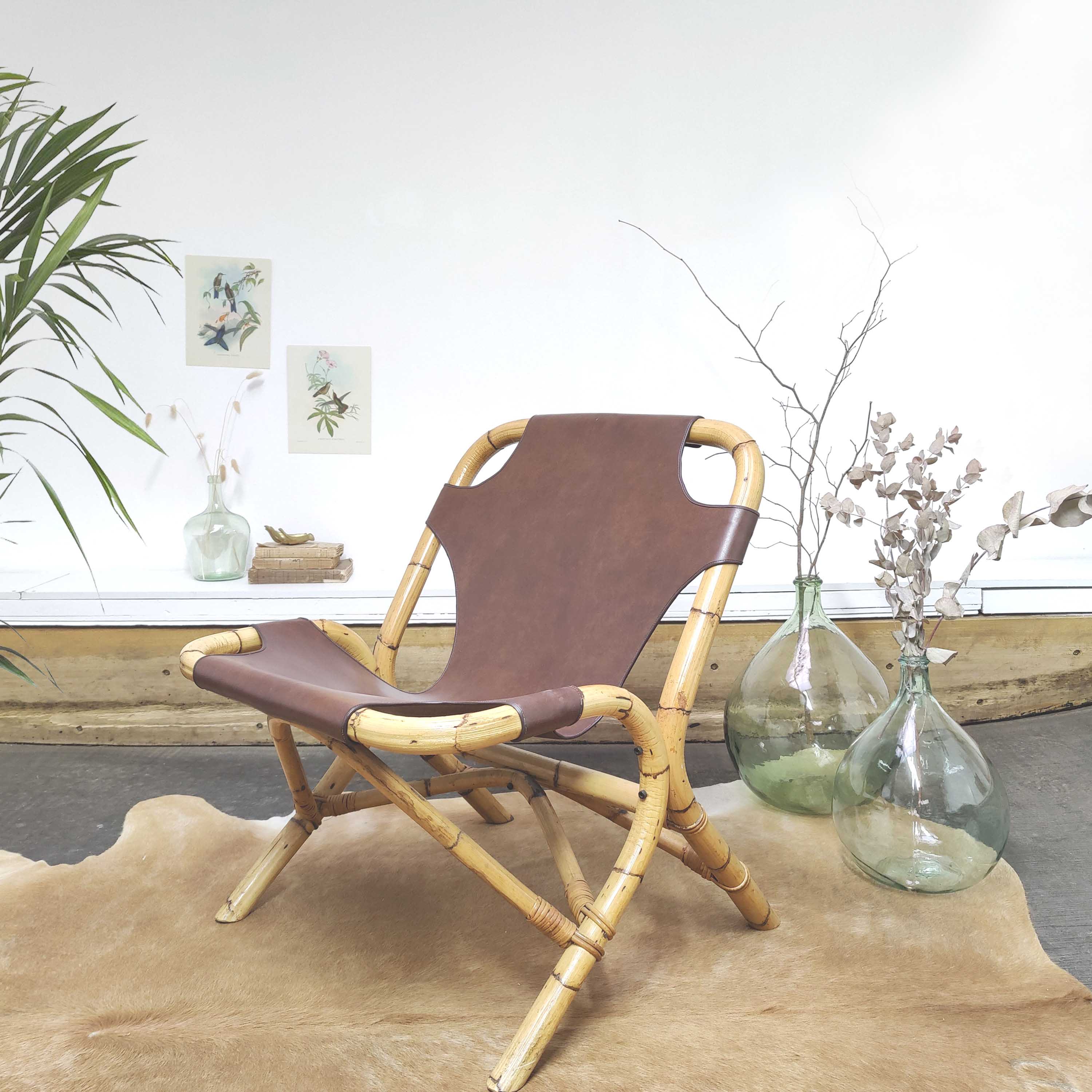 Vintage armchair bamboo rattan and leather