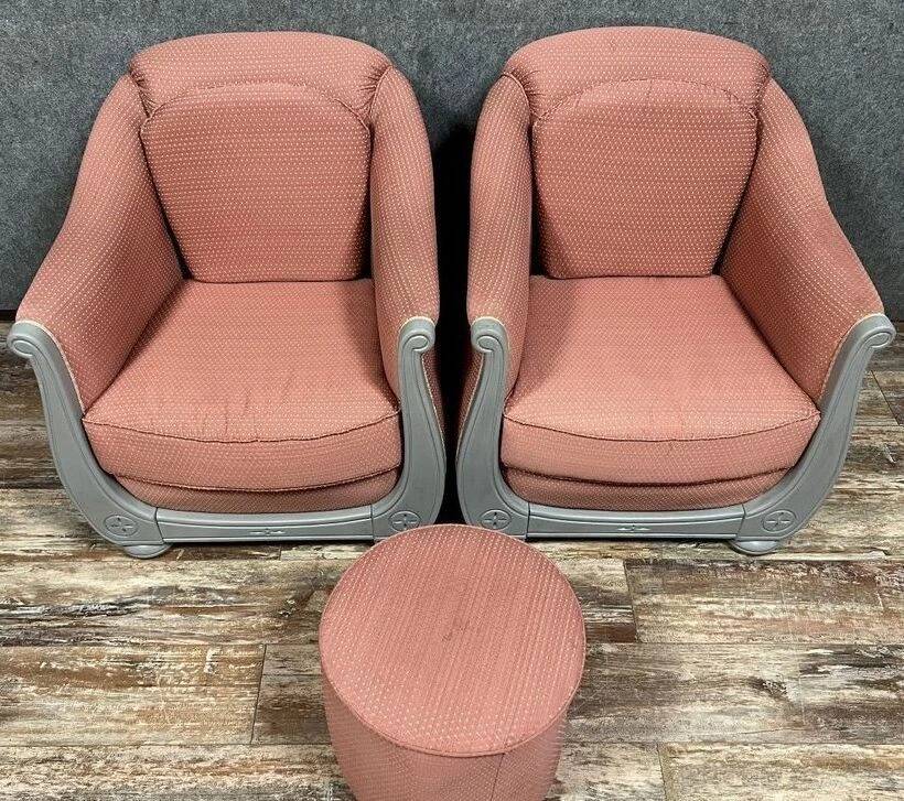 Pair of bergère armchairs + 1 Art Deco pouf in lacquered wood