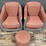 Pair of bergère armchairs + 1 Art Deco pouf in lacquered wood