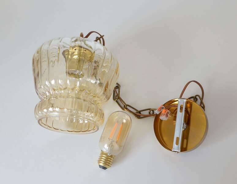 Vintage old gold pendant light, amber glass, 1960s chain lamp