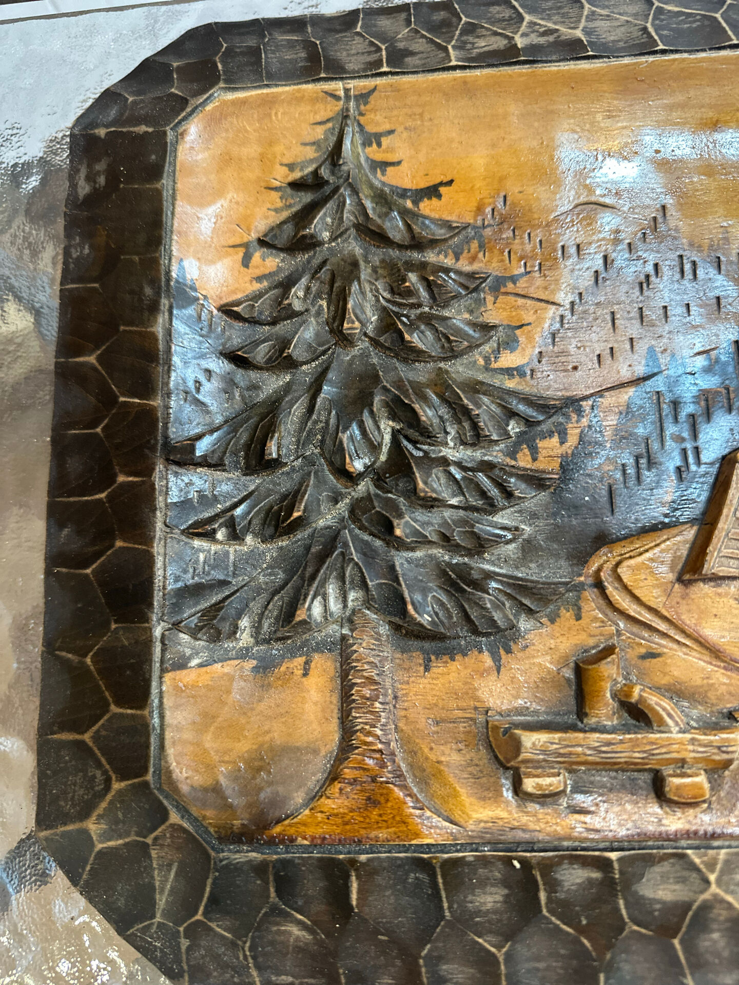 Carved wooden wall panel Black Forest Chalet mountain Switzerland Germany