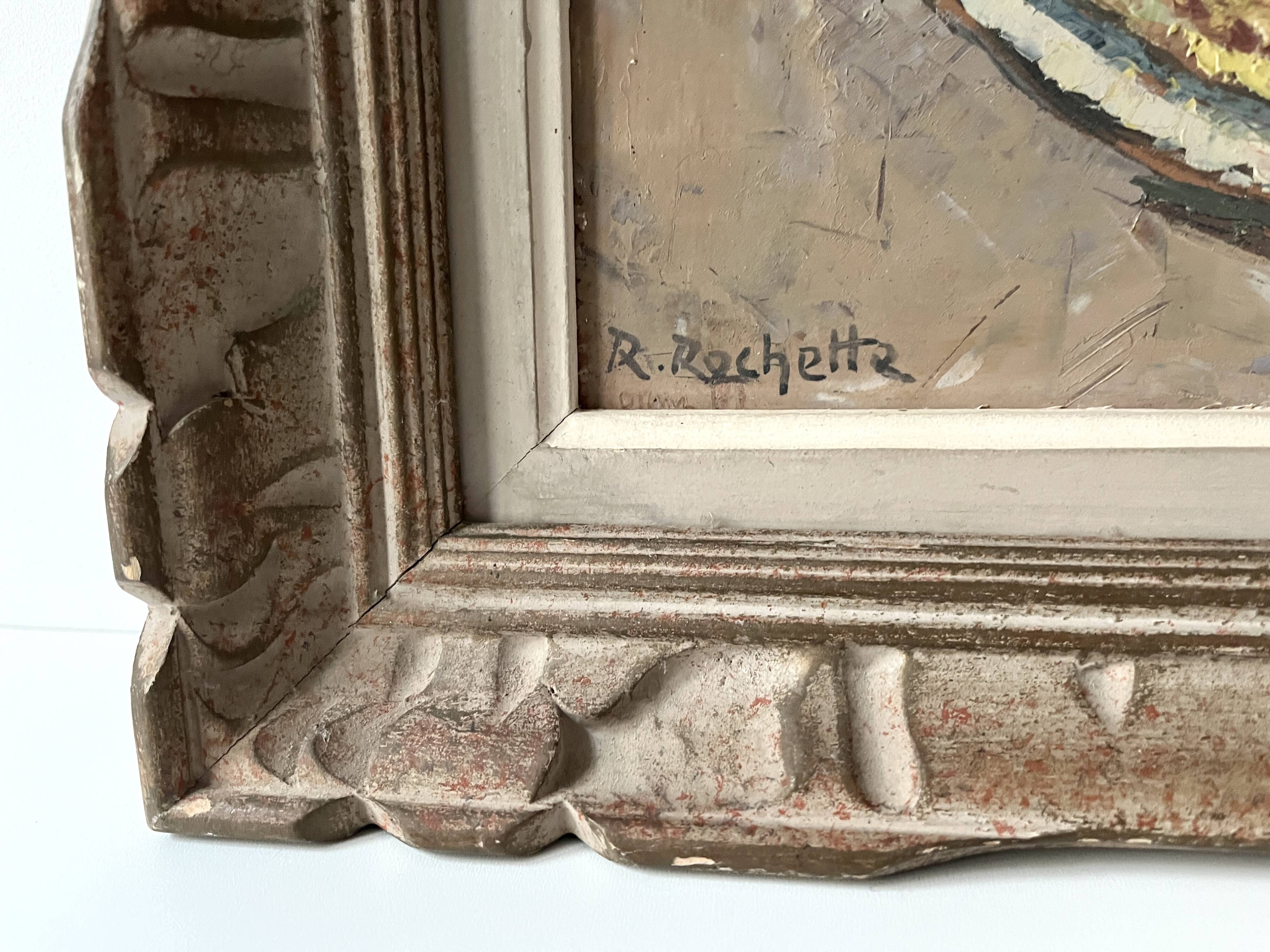 Oil on canvas still life with a baguette and sausage from the 1940s.