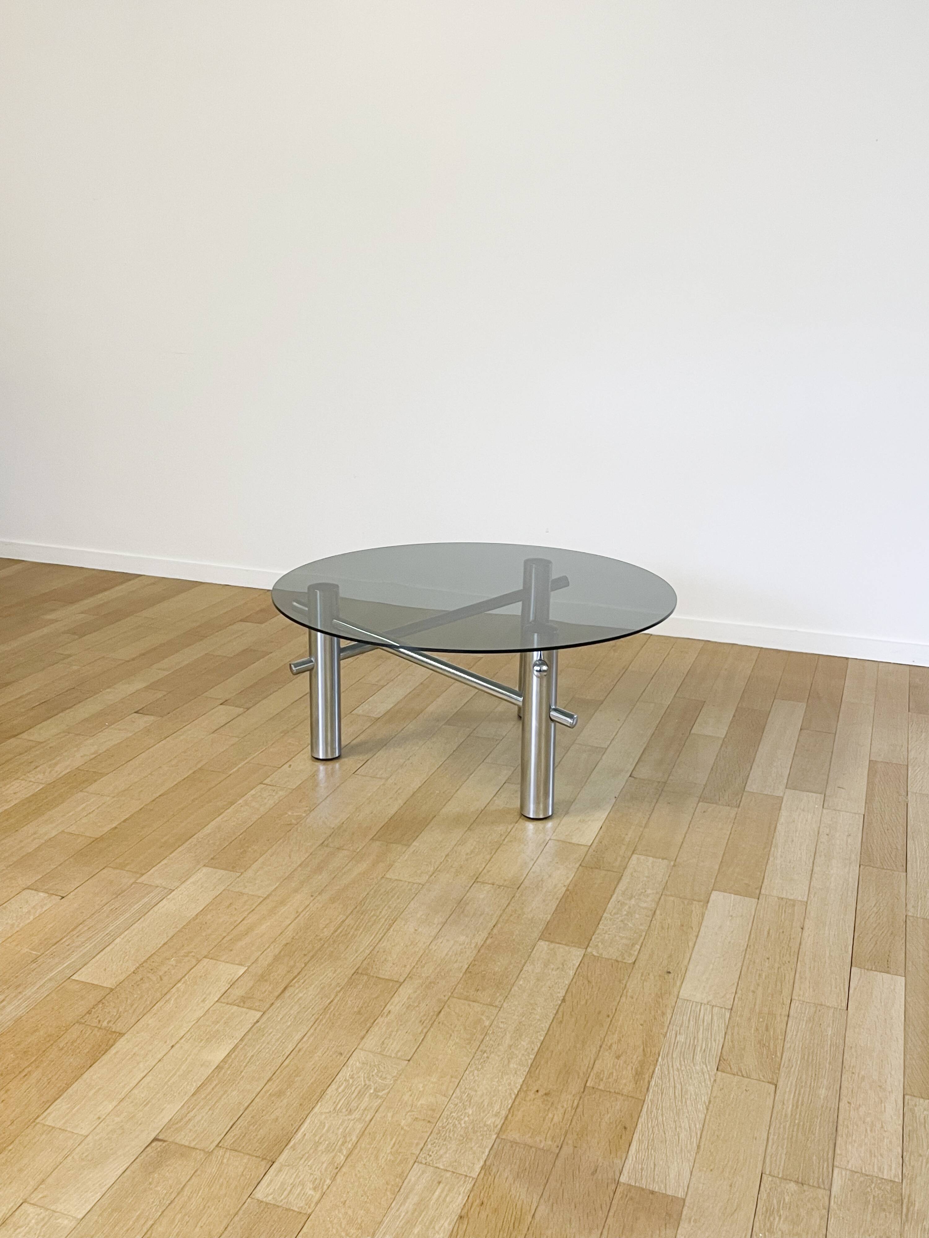 Round coffee table in chrome and smoked glass, 1970s