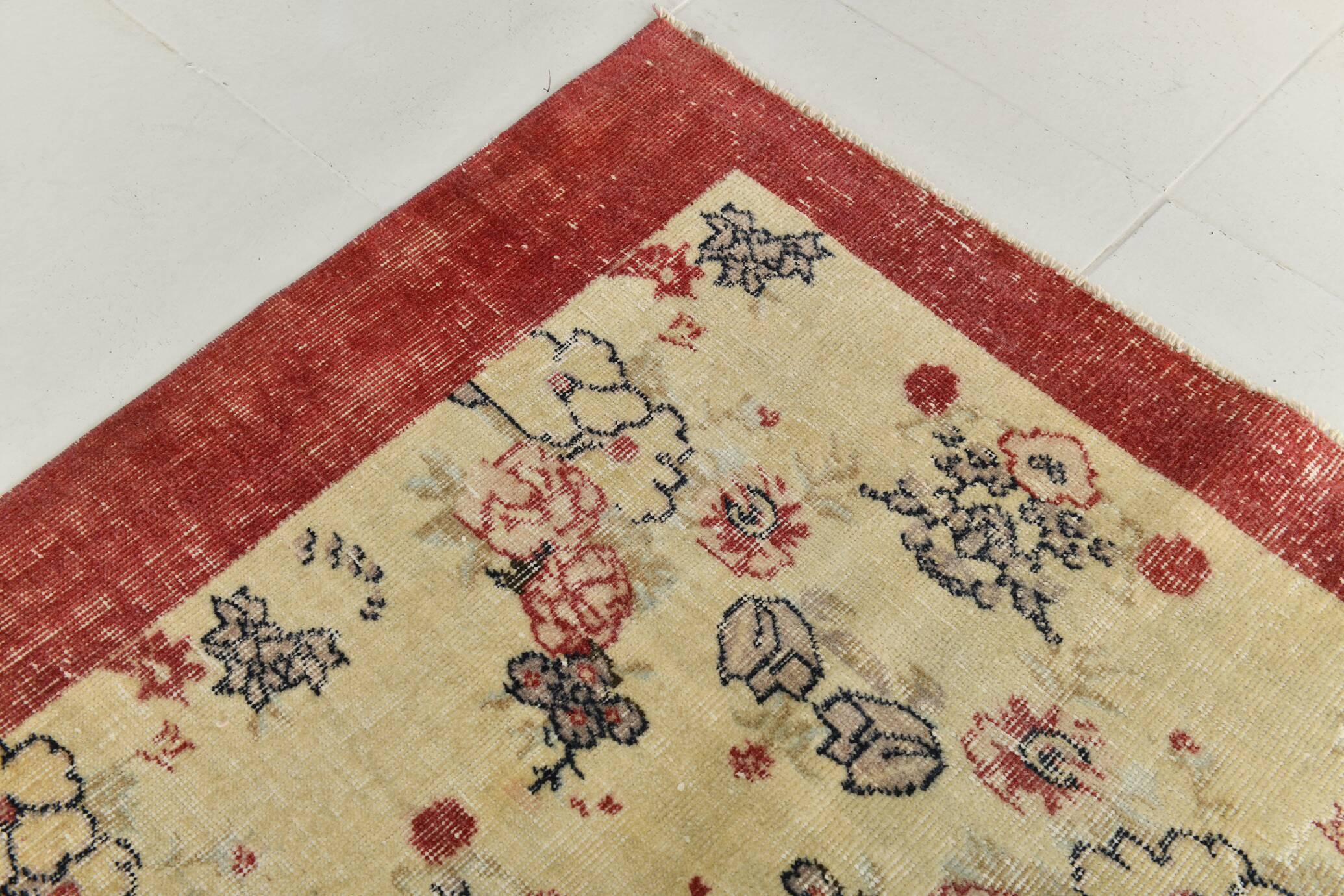 7x9 Yellow & Burgundy Floral Turkish Vintage Rug, 216x281Cm