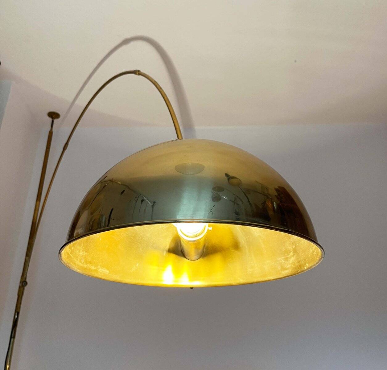 German Postmodern Vintage Brass Arc Floor Lamp with Clamp Rod attributed to Florian Schulz, 1970s