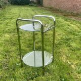 Pedestal table, vintage chrome steel saddle with 2 round windows