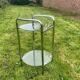 Pedestal table, vintage chrome steel saddle with 2 round windows