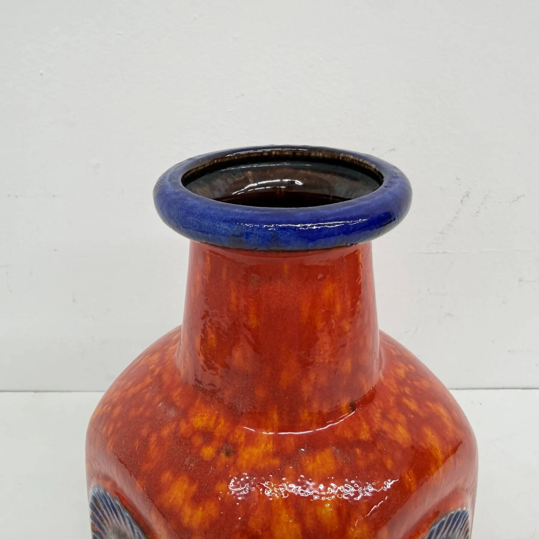 Scheurich West Germany Bay ceramic vase orange with blue fossils, 1970s