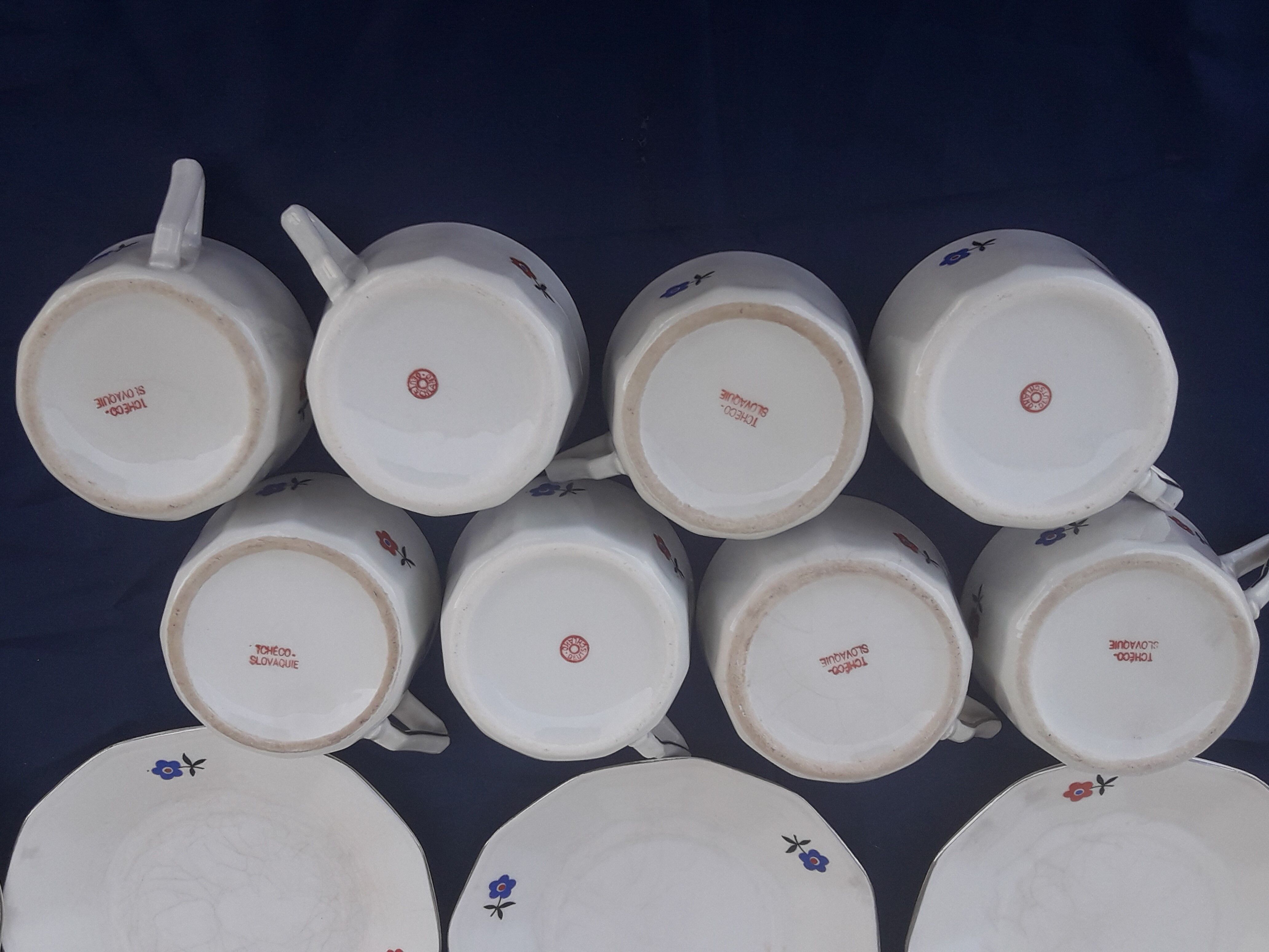 Czechoslovakia porcelain coffee service pattern blue flowers and red art deco flowers