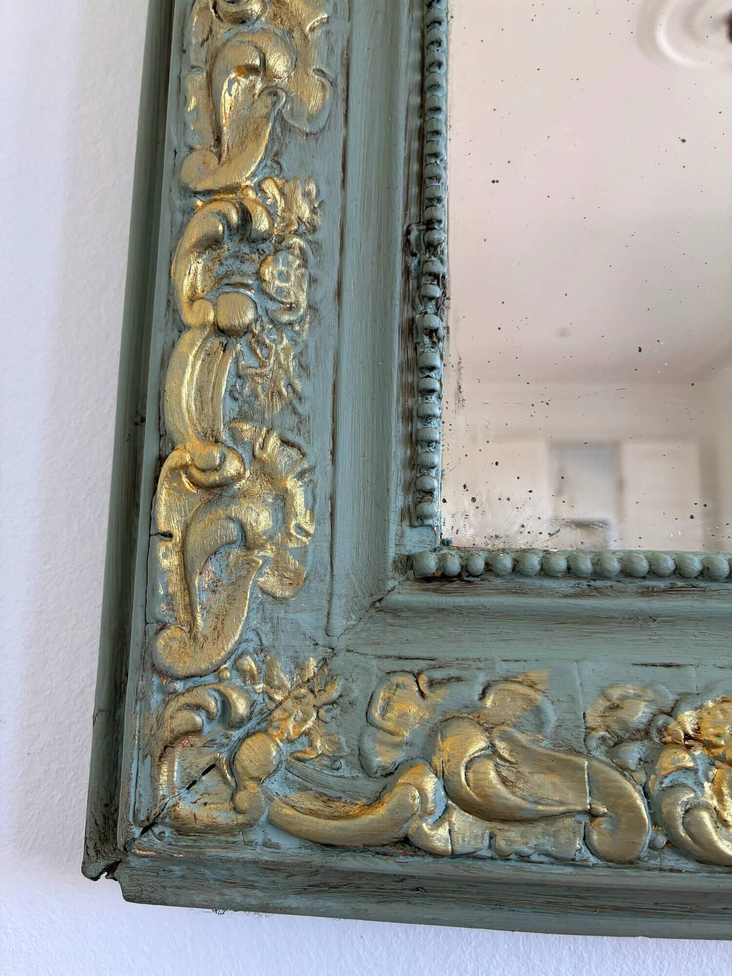 Large antique French Louis Philippe mirror – green and gold, late 19th century