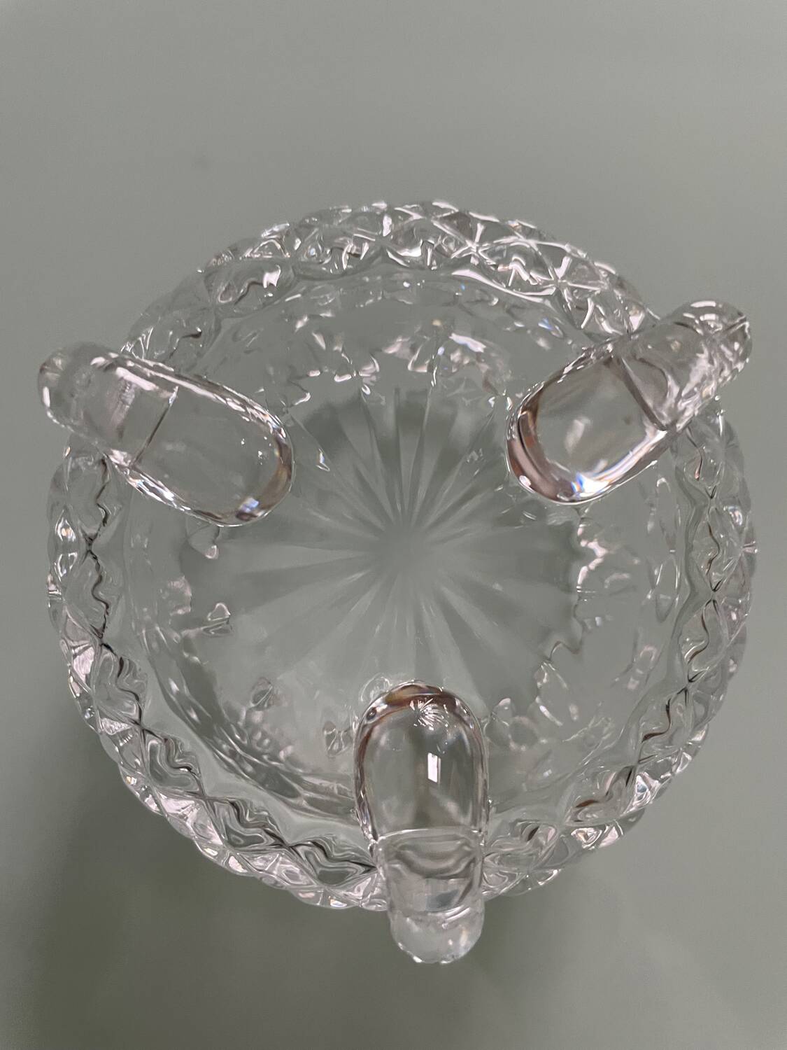 Vintage cut glass candy dish on feet (1950s).