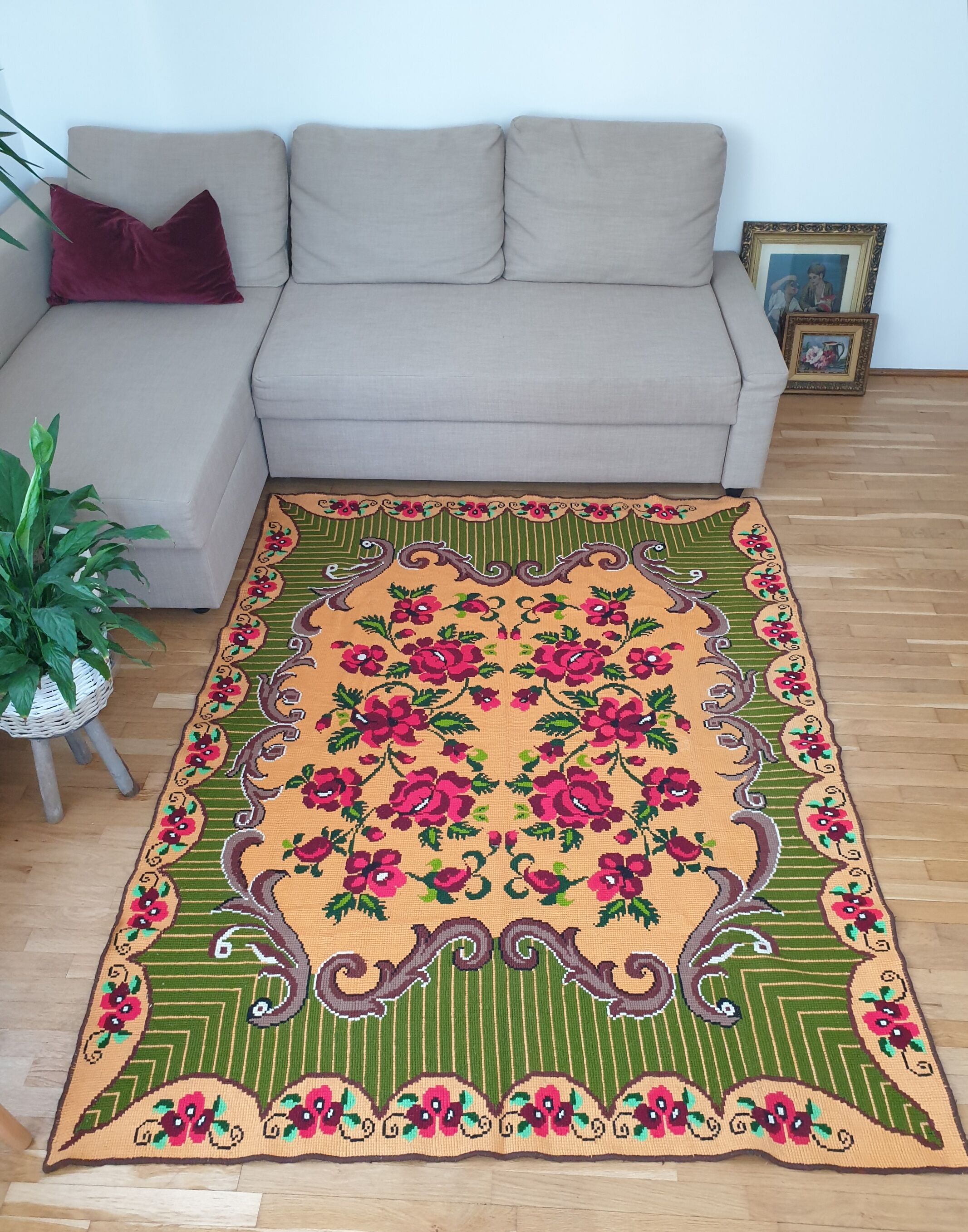 Gorgeous cross stitch floral carpet with red roses made by hand on heme Romania 148x196cm