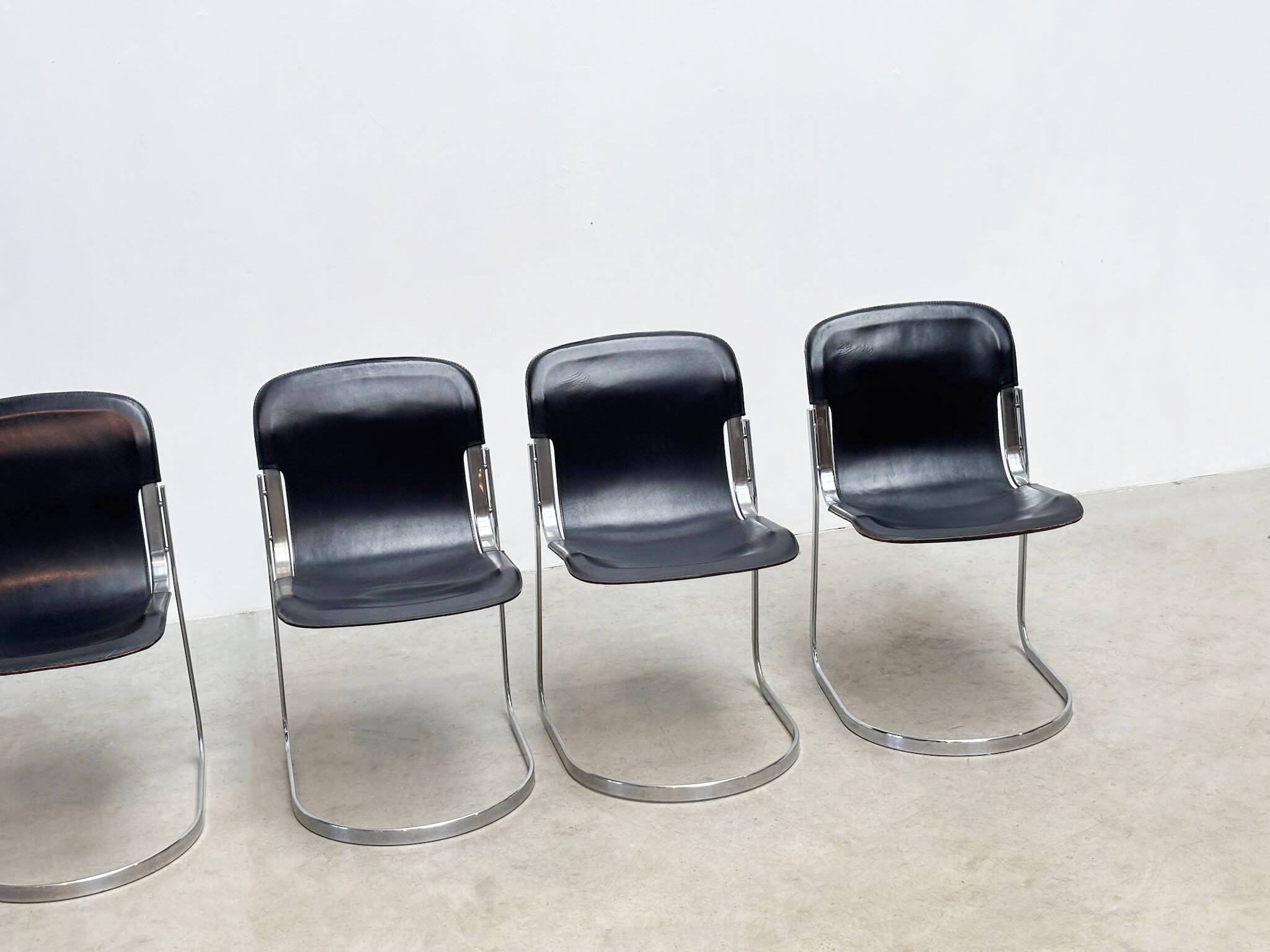 Set of six Willy Rizzo dining chairs in black leather