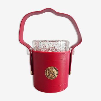 Portable crystal glass ice cube tray with red jacket, mid century bottle cooler