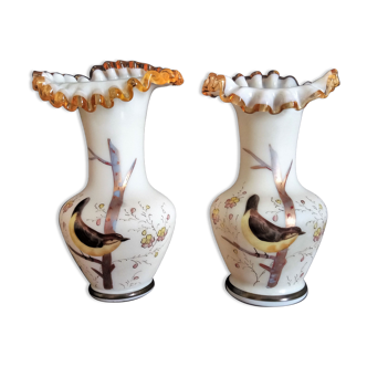 Pair of hand-painted opaline vases with gold leaf bird motifs