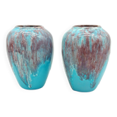 Pair of small turquoise blue vases in flamed stoneware with wine