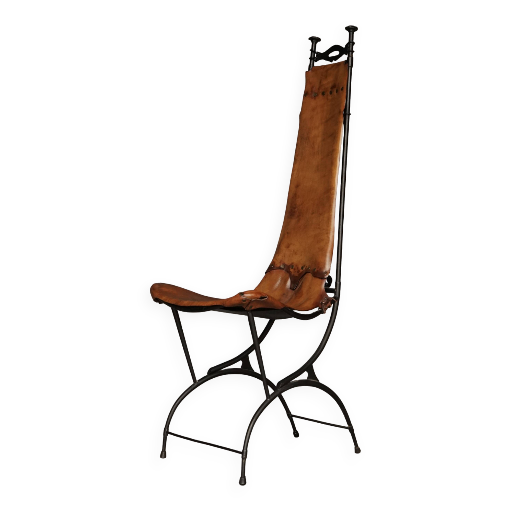Chaise d'appoint en fer et cuir par Sido et François Thévenin, années 1980